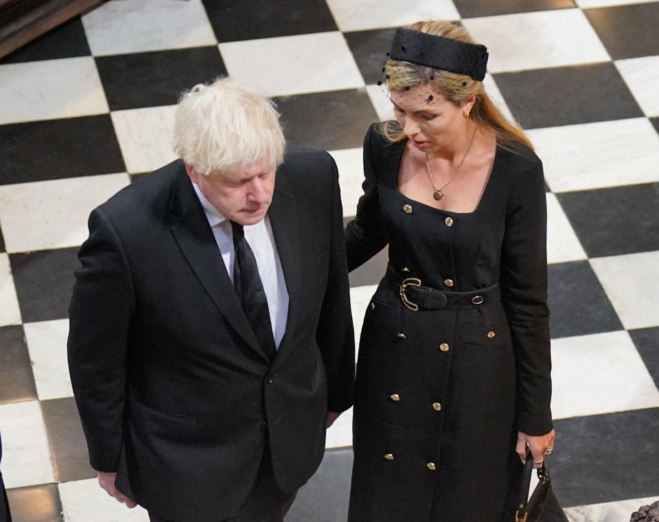 <p>Former prime minister Boris Johnson and his wife Carrie Johnson at the State Funeral of Queen Elizabeth II, held at Westminster Abbey, London. Picture date: Monday September 19, 2022. PA Photo. Dominic Lipinski/Pool via REUTERS POOL/Pool via REUTERS</p> 