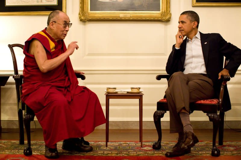 President Barack Obama meets with His Holiness the XIV Dalai Lama in the Map Room of the White House in Washington, D.C., on July 16, 2011. On February 21, 2014, Obama met the Dalai Lama, Tibet's exiled spiritual leader, at the White House after the Chinese government warned the meeting would damage U.S.-China relations. File Photo by Pete Souza/White House