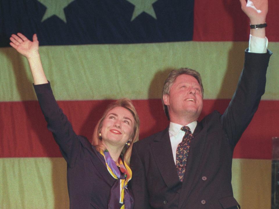 Democratic Presidential candidate Bill Clinton and his wife Hillary celebrate his victory in the New York primary in a New York City disco on April 7, 1992