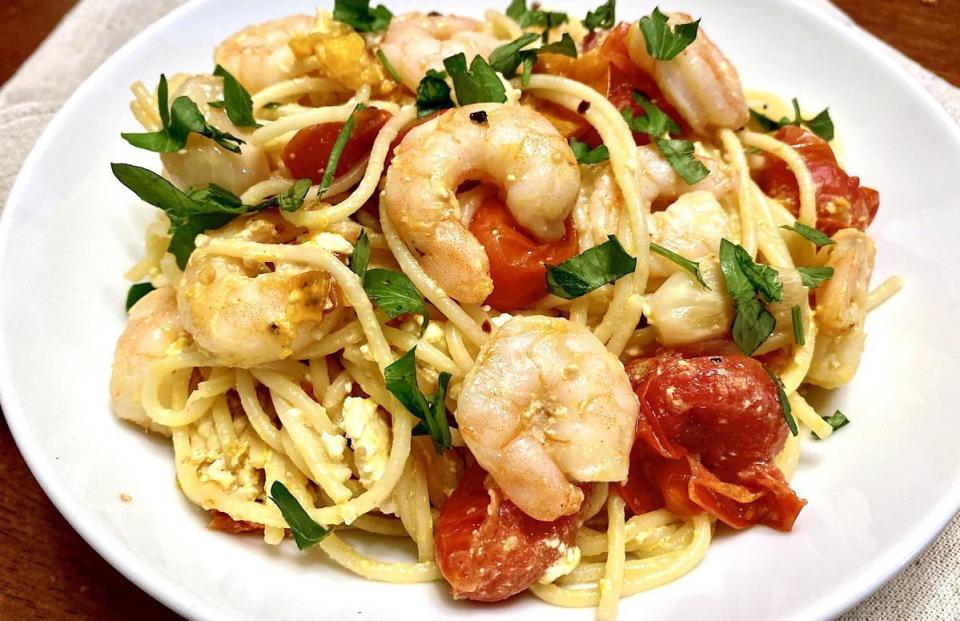 Baked Feta Tomato Pasta With Shrimp