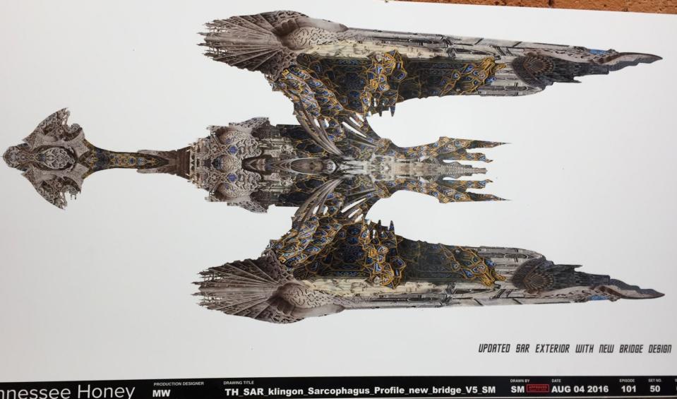 <p>Concept art of the new Klingon warship echoes the profile of the old Bird of Prey model from <em>The Original Series</em>. (Photo: Marcus Errico/Yahoo TV) </p>