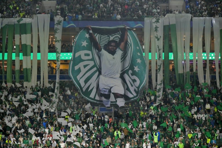 Aficionados del Palmeiras muestran una pancarta con la imagen del delantero Endrick antes del comienzo del partido de fútbol de la fase de grupos de la Copa Libertadores contra San Lorenzo de Argentina, en el estadio Allianz Parque de Sao Paulo, Brasil, el 30 de mayo de 2024. (NELSON ALMEIDA)