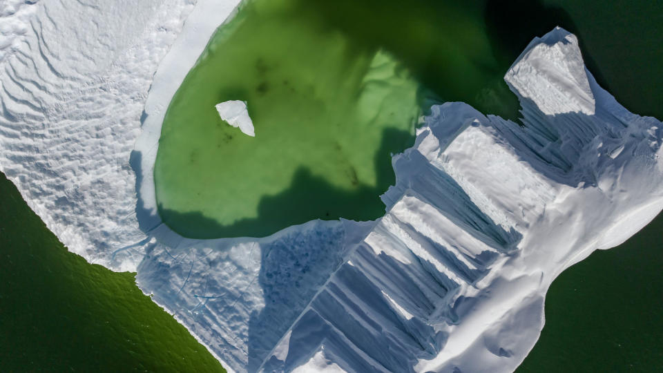 An aerial view of an iceberg.  (Şebnem Coşkun/Anadolu via Getty Images archive)