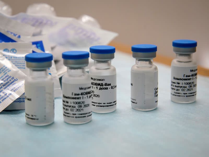 FILE PHOTO: Bottles with Russia's "Sputnik-V" vaccine against the coronavirus disease (COVID-19) are seen before inoculation at a clinic in Tver