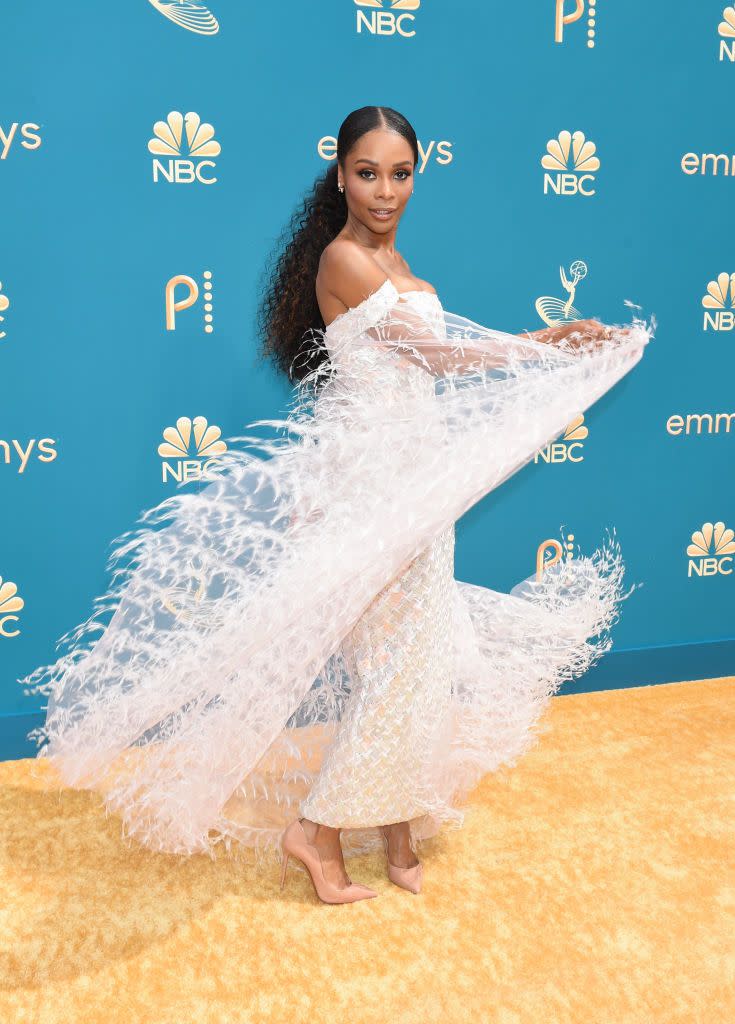 <p>Zuri Hall's white feathered gown was a total standout at the Emmys 2022. </p>