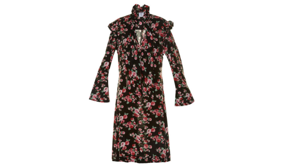 <p>Vetements ruffle-trimmed floral-print dress, $1,613, <a href="http://www.matchesfashion.com/us/products/Vetements-Ruffle-trimmed-floral-print-dress-1046745#" rel="nofollow noopener" target="_blank" data-ylk="slk:Matches fashion;elm:context_link;itc:0;sec:content-canvas" class="link ">Matches fashion</a></p>
