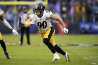 FILE - Pittsburgh Steelers outside linebacker T.J. Watt rushes in on the Baltimore Ravens during the first half of an NFL football game, Sunday, Jan. 9, 2022, in Baltimore. Watt was named to The Associated Press 2021 NFL All-Pro Team, announced Friday, Jan. 14, 2022.(AP Photo/Evan Vucci, File)