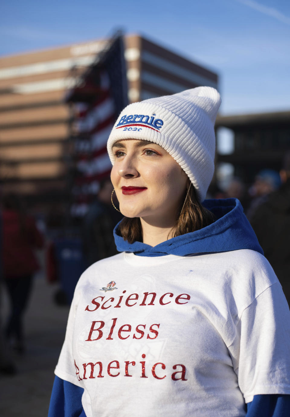 Alannah Garrett, 19, of Saginaw, poses for a photo at a rally for Bernie Sanders at Calder Plaza in Grand Rapids, Michigan on Sunday, March 8, 2020. Garrett said she is voting for Sanders for environmental reasons as well as for social justice issues. (Anntaninna Biondo/The Grand Rapids Press via AP)