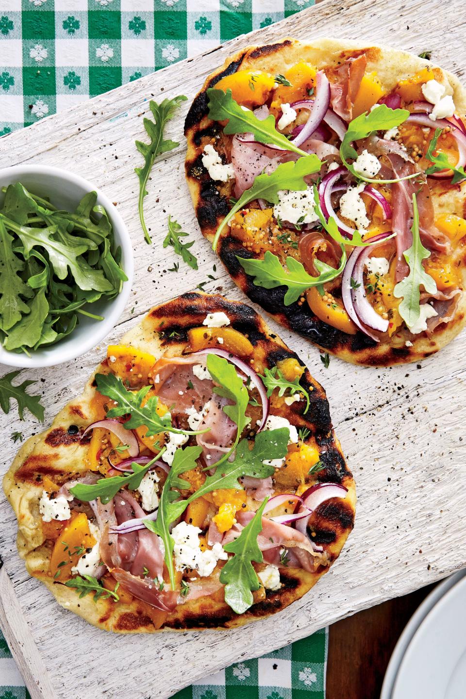Grilled Peach Chutney Pizza with Prosciutto and Goat Cheese