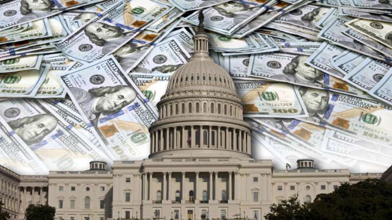 The U.S. Capitol Building against a backdrop of cash.