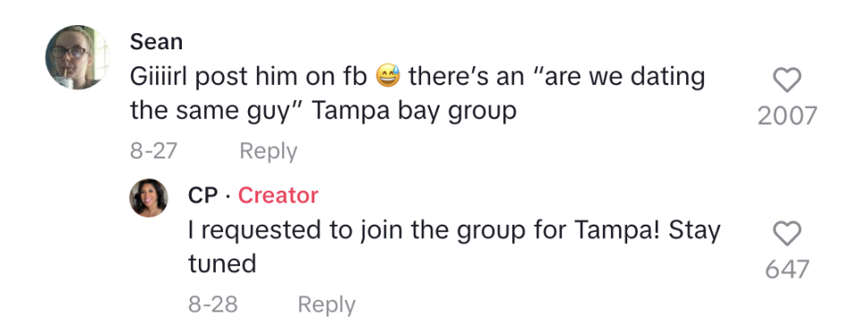 "Girl, post him on fb, there's an 'Are we dating the same guy?' Tampa Bay group"