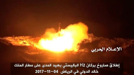 A still image taken from a video distributed by Yemen's pro-Houthi Al Masirah television station on November 5, 2017, shows what it says was the launch by Houthi forces of a ballistic missile aimed at Riyadh's King Khaled Airport on Saturday, Houthi Military Media Unit via REUTERS TV