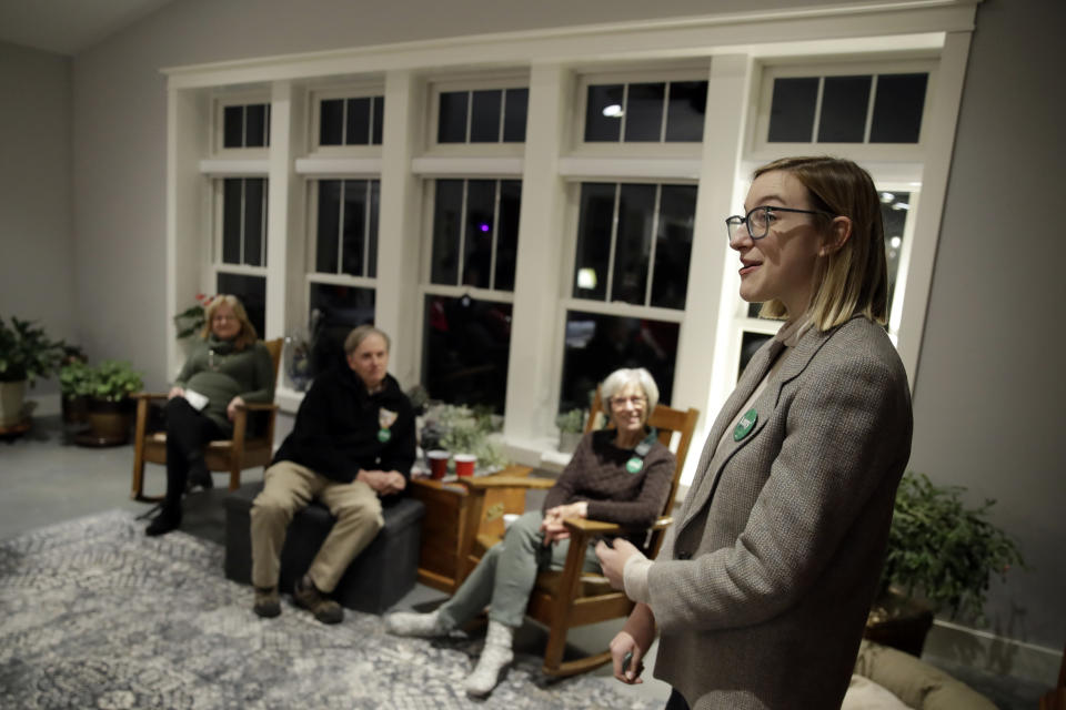 Abigail Bessler daughter of Democratic presidential candidate Sen. Amy Klobuchar, D-Minn., speaks to supporters during a campaign gathering Tuesday, Jan. 21, 2020, in Stanton, Iowa. (AP Photo/Marcio Jose Sanchez)