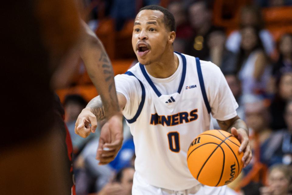 UTEP's Zid Powell (0) dribbles the ball at a men's basketball game against Austin Peay on Friday, Nov. 17, 2023, at the Don Haskins Center in El Paso, Texas.