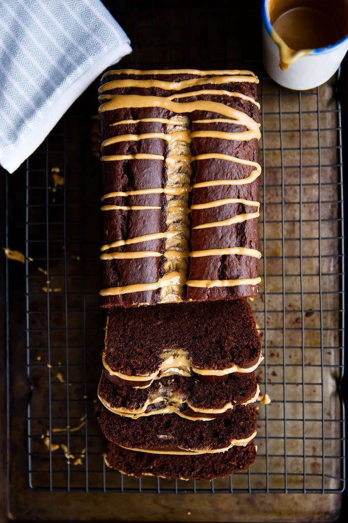 Can’t get more decadent than this! This very rich banana bread is made with a chocolate batter. <a href="http://bromabakery.com/2014/12/chocolate-peanut-butter-banana-bread.html" target="_blank">Get the recipe from Brom Bakery here.</a>