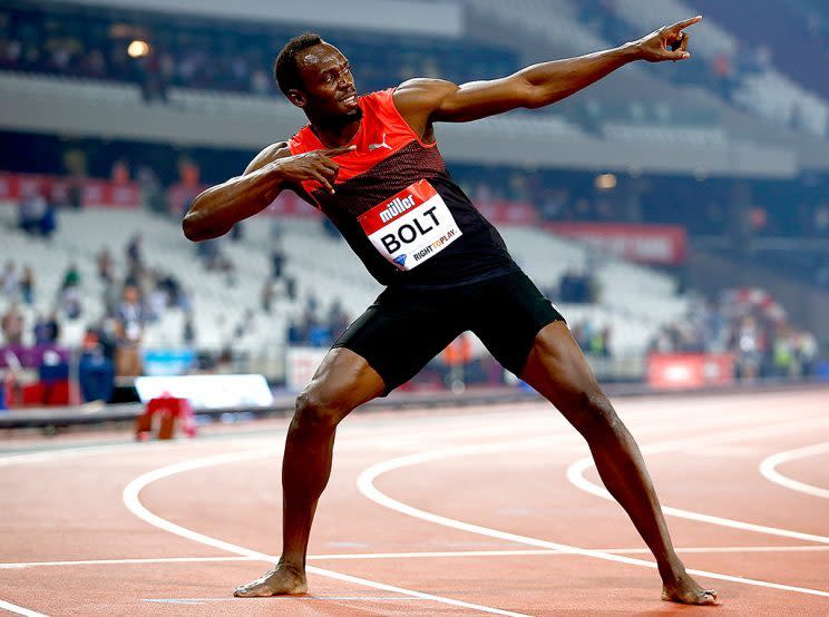 LONDON, ENGLAND - JULY 22: Usain Bolt of Jamaica celebrates after winning the mens 200m during Day One of the Muller Anniversary Games at The Stadium - Queen Elizabeth Olympic Park on July 22, 2016 in London, England. (Photo by Christopher Lee/Getty Images )