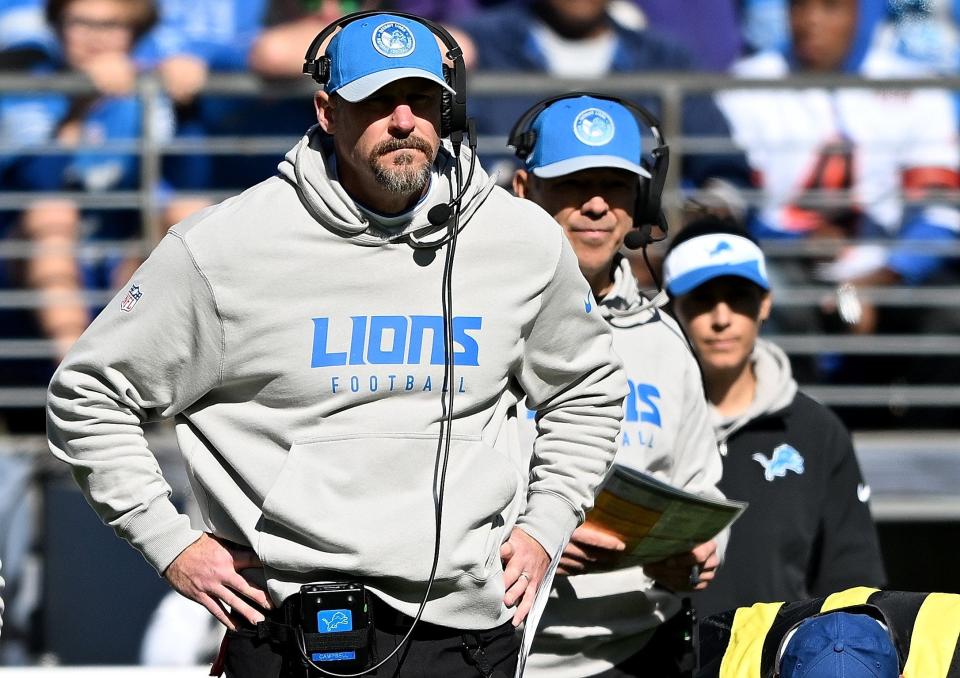 Lions coach Dan Campbell looks on in the first half of the loss at Baltimore on Sunday, Oct. 22, 2023.