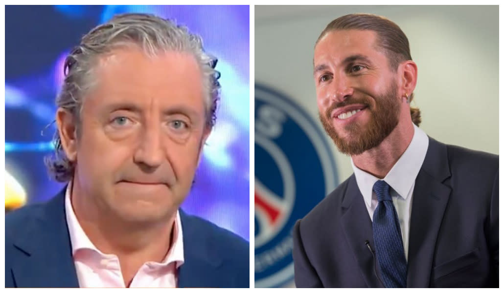 Josep Pedrerol salta a la mínima que le mencionan a Sergio Ramos. (Fuentes: Twitter/@elchiringuitotv y Paris Saint-Germain Football/PSG vía Getty Images)