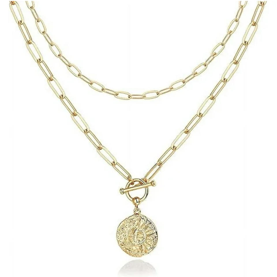 PAVOI 14K Gold Plated Layered Sun and Lock Pendant Necklace