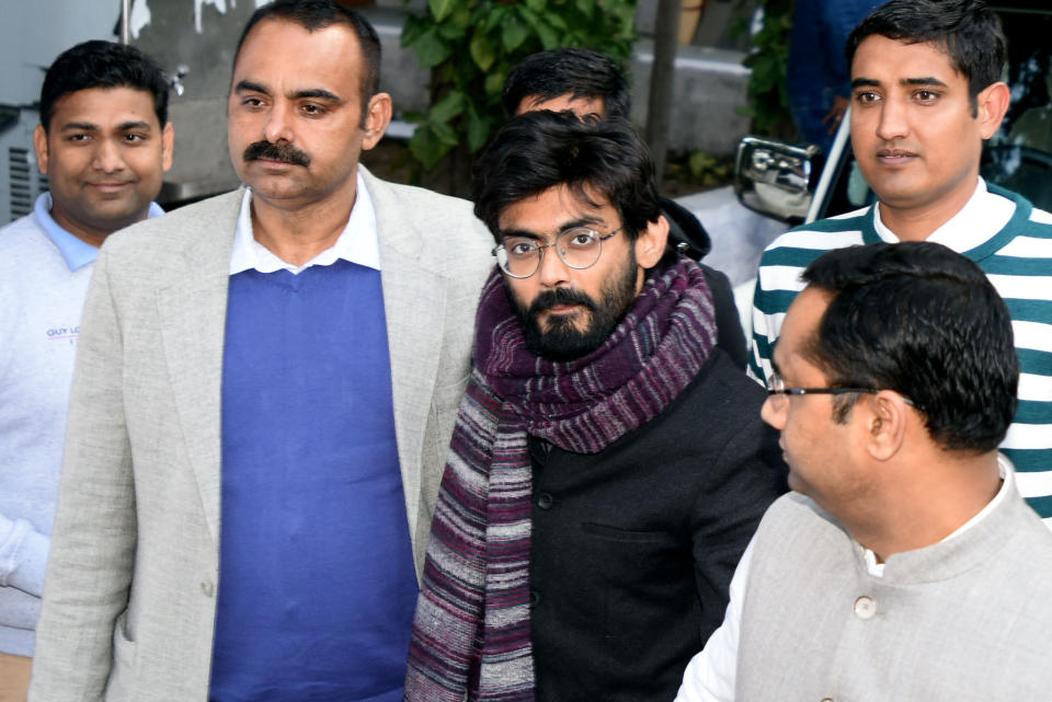 JNU student Sharjeel Imam is taken by Crime branch officials to Saket court after his arrest from Bihar on January 29, 2020 in New Delhi. (Photo by Amal KS/Hindustan Times via Getty Images)