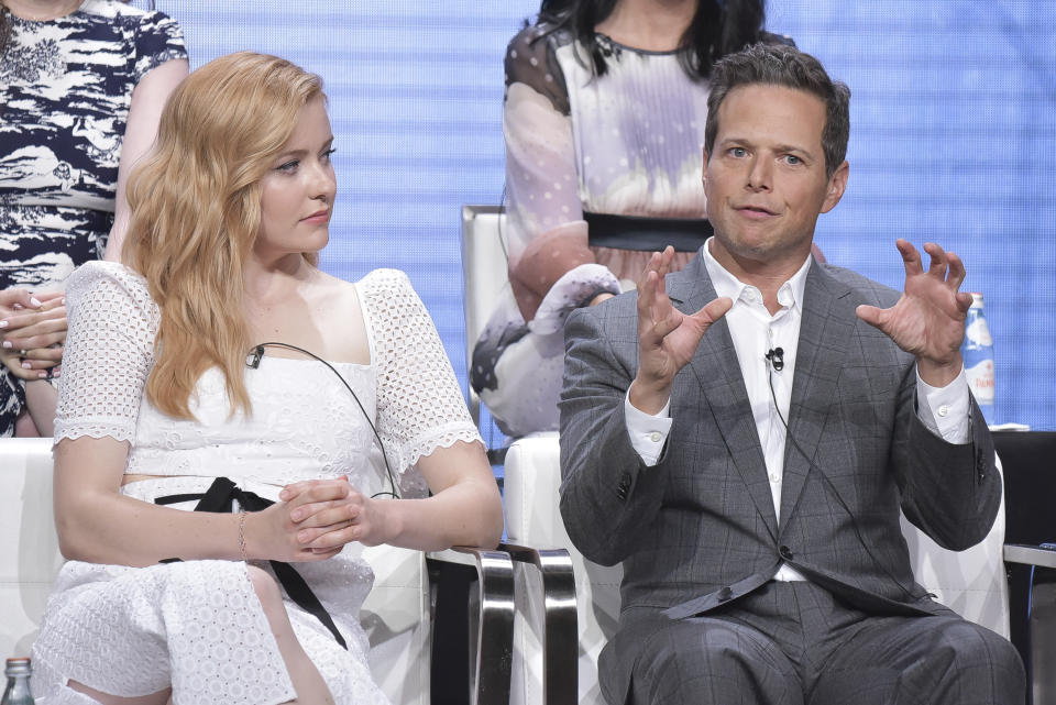 Kennedy McMann, left, and Scott Wolf participate in The CW "Nancy Drew" panel during the Summer 2019 Television Critics Association Press Tour at the Beverly Hilton Hotel on Sunday, Aug. 4, 2019, in Beverly Hills, Calif. (Photo by Richard Shotwell/Invision/AP)