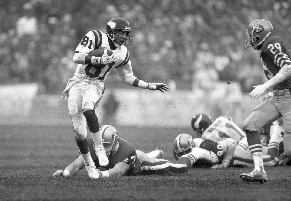 Jan 9, 1988; San Francisco, CA, USA; FILE PHOTO; Minnesota Vikings receiver Anthony Carter (81) in action against the San Francisco 49ers during the 1987 NFC Divisional Playoff Game at Candlestick Park. The Vikings defeated the 49ers 36-24. Mandatory Credit: Peter Brouillet-USA TODAY Sports