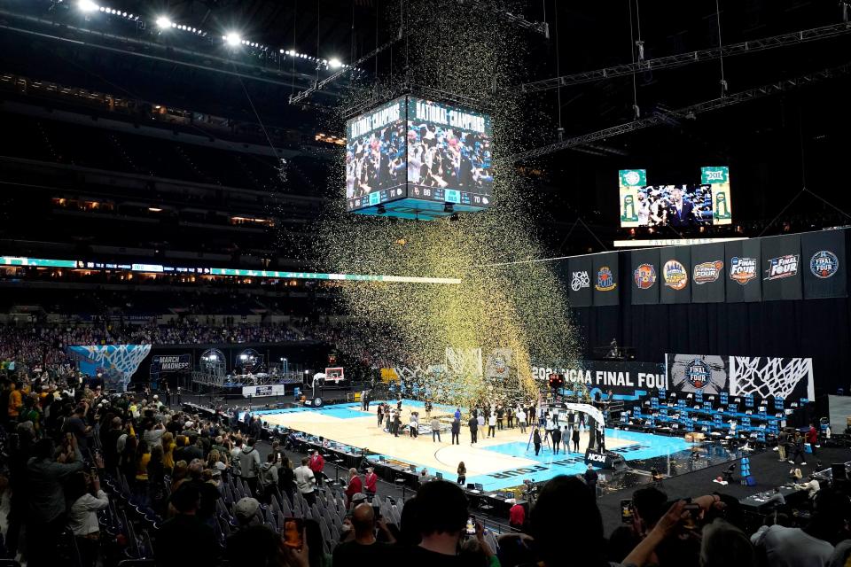 Confetti rains down on the court after Baylor defeated Gonzaga during the championship game of the 2021 NCAA Tournament on Monday, April 5, 2021, at Lucas Oil Stadium in Indianapolis, Ind.