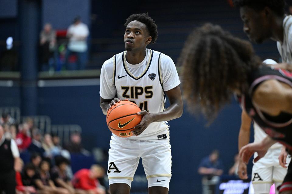 Akron Zips forward Ali Ali prepares to shoot a free throw against Miami-Hamilton on Dec. 17, 2023.