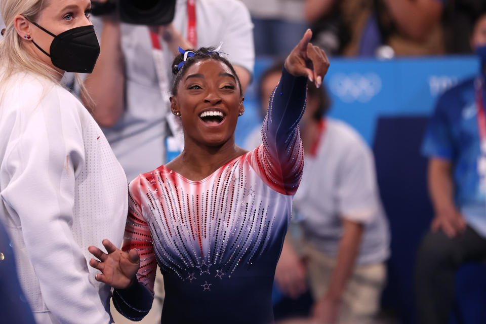 TOKYO, JAPAN – AUGUST 03: Simone Biles of Team United States reacts during the Women’s Balance Beam Final on day eleven of the Tokyo 2020 Olympic Games at Ariake Gymnastics Centre on August 03, 2021 in Tokyo, Japan. (Photo by Laurence Griffiths/Getty Images)