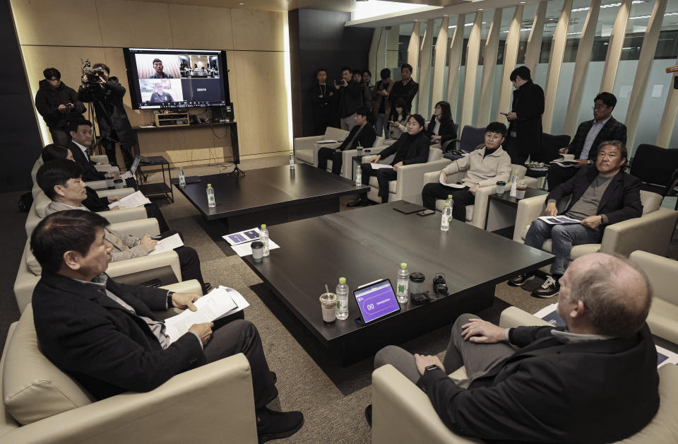 National Team Committee of the Korea Football Association (KFA) holds a meeting to assess South Korea's men's national team's performance at the recent Asian Football Confederation Asian Cup at the KFA headquarters in Seoul, South Korea, Thursday, Feb. 15, 2024. KFA officials have recommended Jurgen Klinsmann be fired as head coach of the South Korean national team after an Asian Cup semifinal exit and reports of infighting among star players. (Korea Pool via AP)