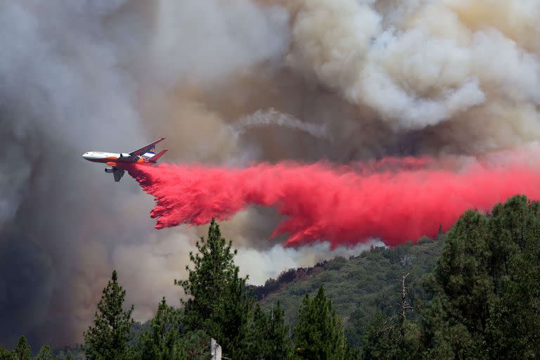Un avión de extinción de incendios arroja retardante antes del incendio de Oak el 24 de julio de 2022 cerca de Jerseydale, California