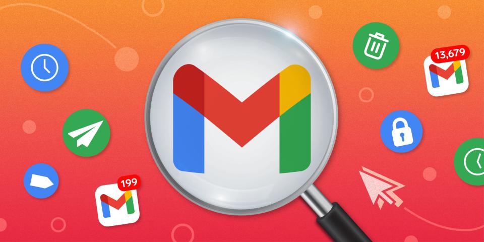 Gmail logo in a magnifying glass surrounded by Gmail hidden features 2x1