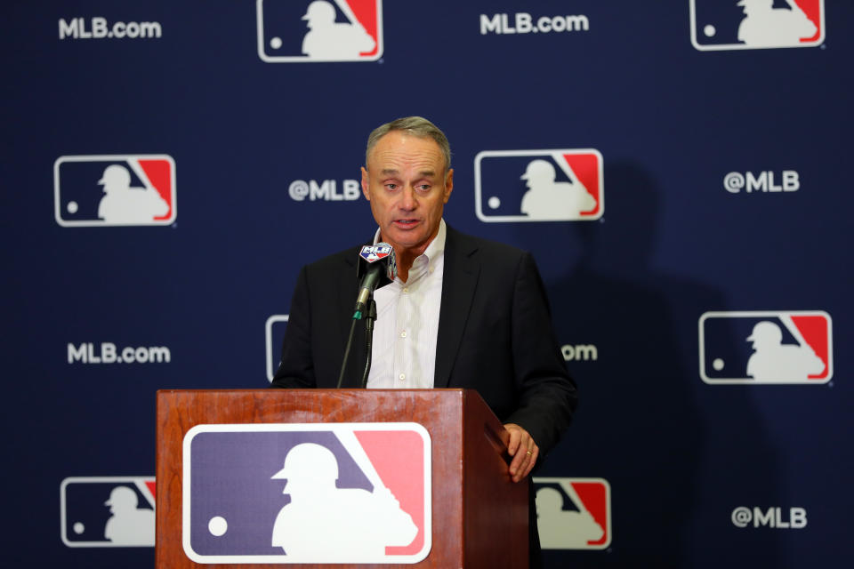 Rob Manfred said Monday he's not certain there will be an MLB season in 2020, which set off a firestorm of reaction from players. (Photo by Alex Trautwig/MLB via Getty Images)