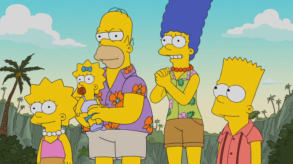 Lisa, Maggie, Homer, Marge, and Bart Simpson on a vacation