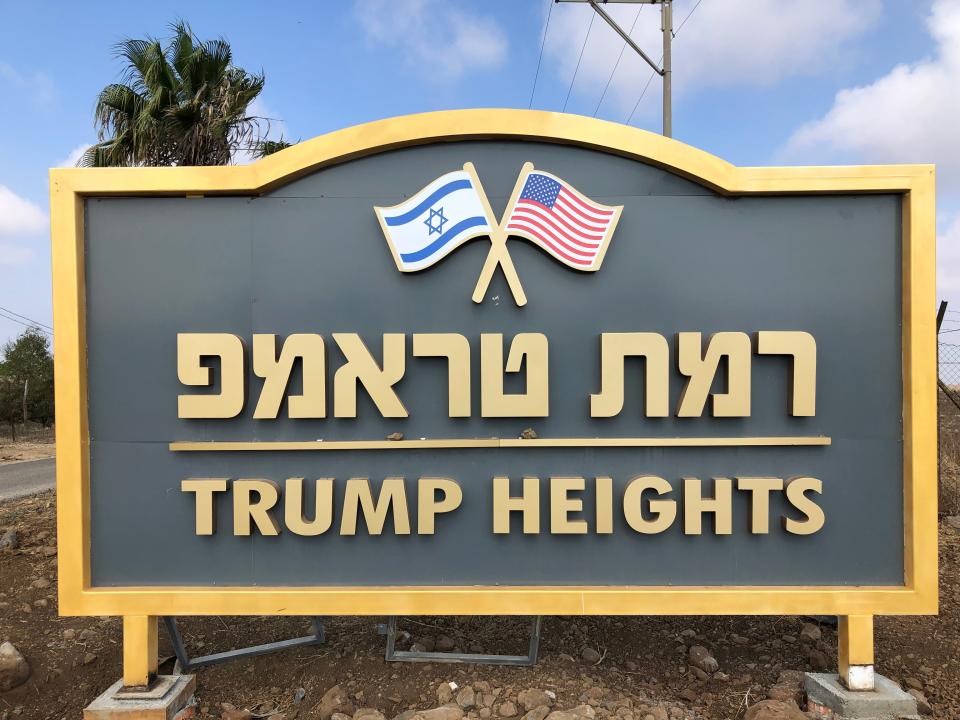 The sign for "Trump Heights," a planned Israeli development in the Golan Heights intended to recognize President Donald Trump's pro-Israel policy actions.