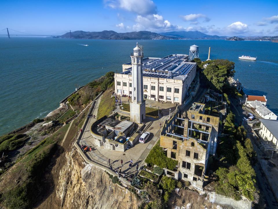 Aerial view of the prison island of Alcatraz in San Francisco Bay.