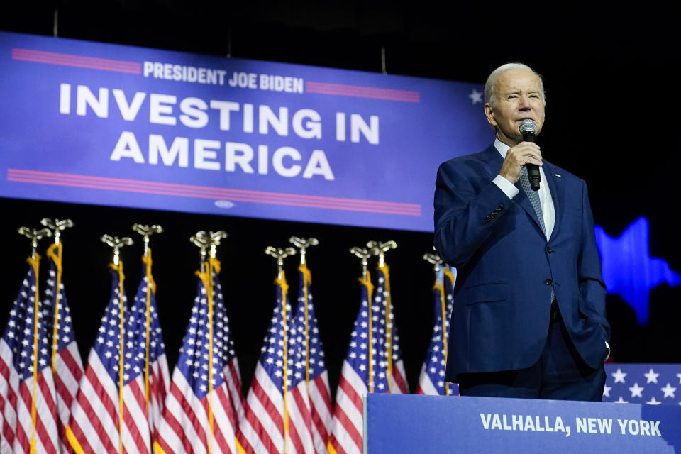 President Joe Biden speaks on the debt limit during an event at SUNY Westchester Community College, Wednesday, May 10, 2023, in Valhalla, N.Y. (AP Photo/John Minchillo)