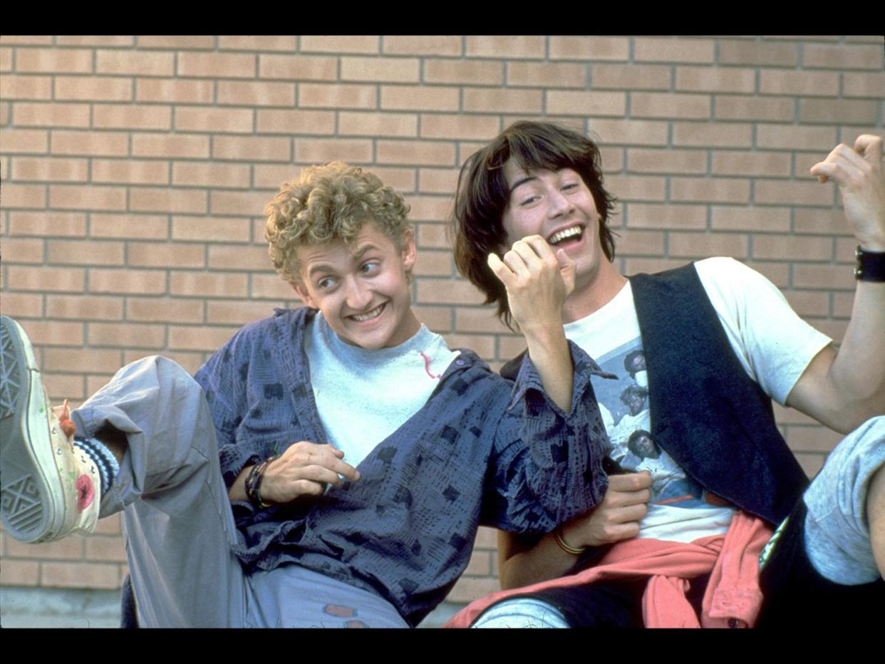 Alex Winter and Keanu Reeves as Bill and Ted (l-r) in scene from movie "Bill & Ted's Excellent Adventure", photo on black