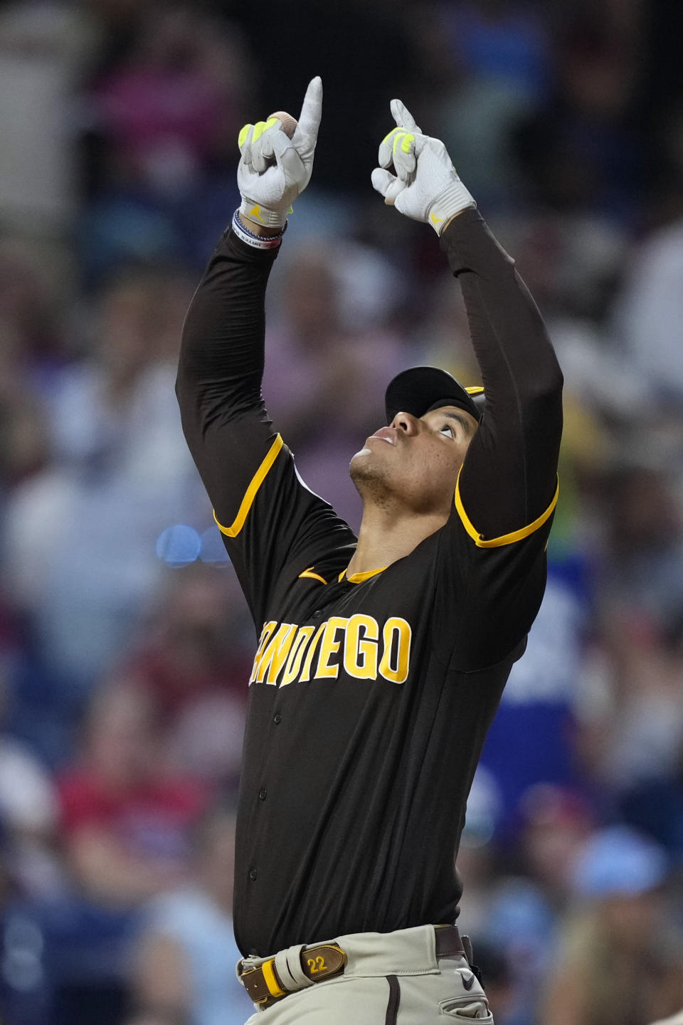 San Diego Padres' Juan Soto reacts after hitting a two-run home rurn against Philadelphia Phillies relief pitcher Dylan Covey during the ninth inning of a baseball game, Friday, July 14, 2023, in Philadelphia. (AP Photo/Matt Slocum)