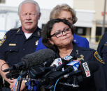 <p>HPD Acting Police Chief Martha Montalvo takes questions from the media on the scene where nine persons were shot at a strip mall on Weslayan Street on September 26, 2016 in Houston, Texas. (Bob Levey/Getty Images) </p>