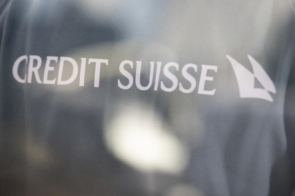 A view shows logo of Swiss bank Credit Suisse in Zurich, Switzerland, March 16, 2023. Credit Suisse is borrowing up to 50 billion francs (50.8 billion euros) from the Swiss National Bank (SNB), according to a statement on 16 March 2023. This is intended to strengthen the group, whose shares have crashed on the stock exchange. (Ennio Leanza/Keystone via AP)