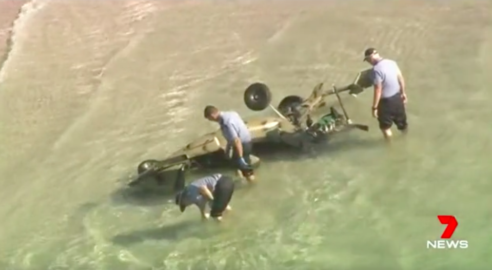 The pair’s gyrocopter crashed on a remote stretch off the shoreline at Forrest Beach, between Capel and Busselton, on February 6. Source: 7News