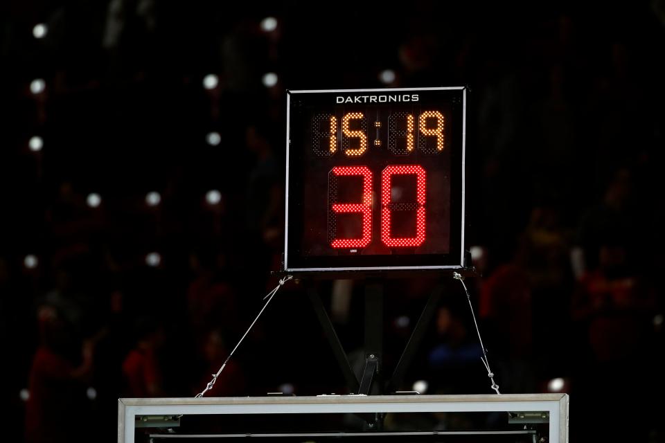 A shot clock stands is seen in the second half of an NCAA college basketball game between Maryland and Iowa in College Park, Md., Sunday, Jan. 7, 2018. (AP Photo/Patrick Semansky)