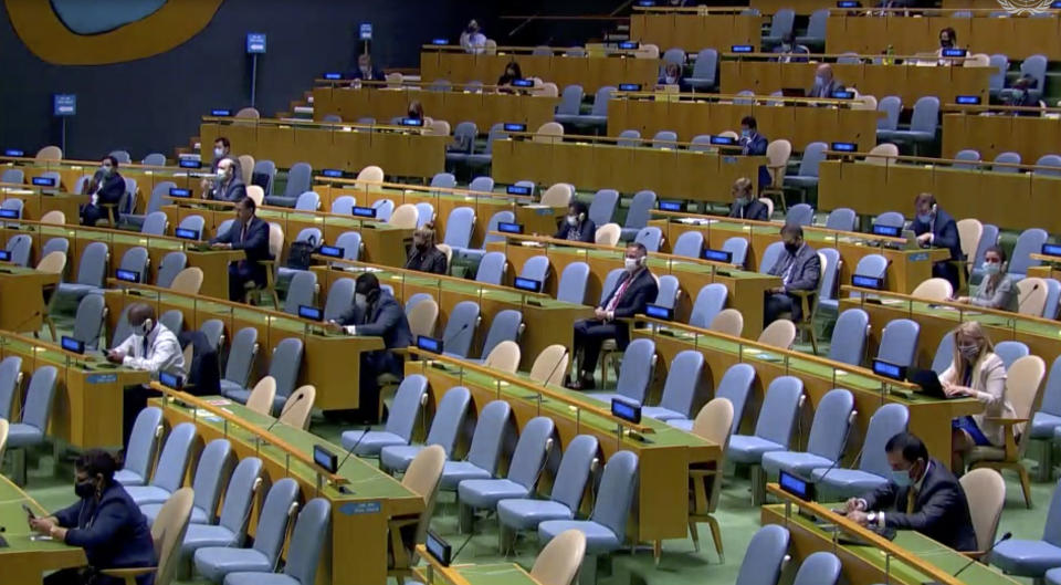 In this image made from UNTV video, delegates attend the 75th session of the United Nations General Assembly, Wednesday, Sept. 23, 2020, at UN headquarters in New York. The U.N.'s first virtual meeting of world leaders started Tuesday with pre-recorded speeches from some of the planet's biggest powers, kept at home by the coronavirus pandemic that will likely be a dominant theme at their video gathering this year. (UNTV via AP)