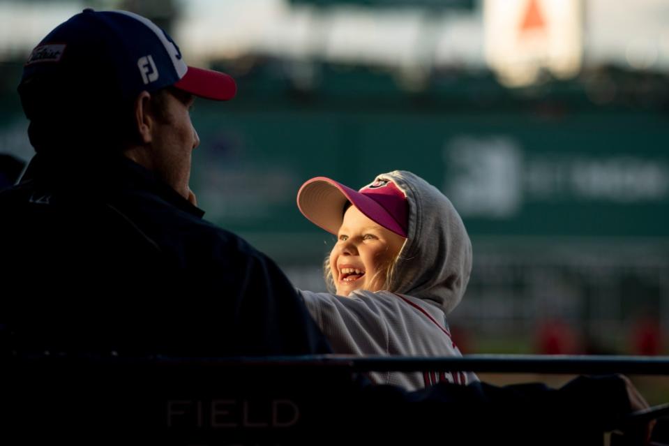 BOSTON, MA – MAY 1: A young fan reacts with her dad during a game between the Toronto Blue Jays and the Boston Red Sox at Fenway Park on May 1, 2023 in Boston, Massachusetts. (Photo by Maddie Malhotra/Boston Red Sox/Getty Images)