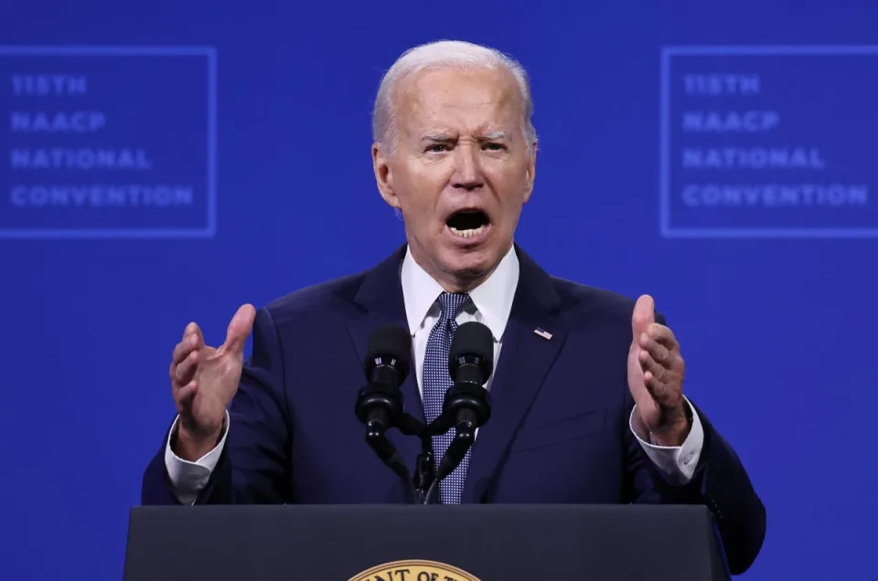 President Joe Biden speaks at the 115th NAACP National Convention on July 16 in Las Vegas, where he ripped Donald Trump’s “Black jobs” remark and pointed to record unemployment levels for Black Americans. (Getty Images)