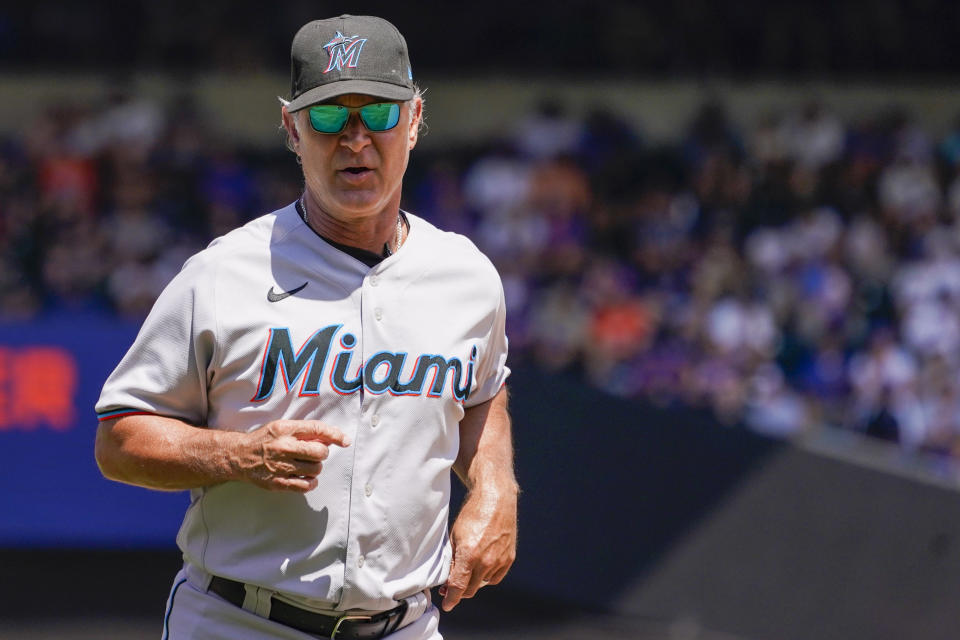 Miami Marlins manager Don Mattingly during the fourth inning of a baseball game against the New York Mets, July 10, 2022, in New York. Mattingly will not be back as manager of the Marlins next season, a person with knowledge of the matter said. Mattingly’s contract expires when the season ends and he and the team have agreed that a mutual parting is best for both sides, according to the person, who spoke Sunday, Sept. 25, 2022 to The Associated Press on condition of anonymity because there had been no public announcement. (AP Photo/Mary Altaffer)