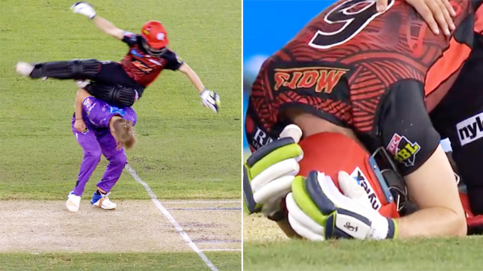 Sam Harper, pictured here after the frightening collision in the Big Bash.
