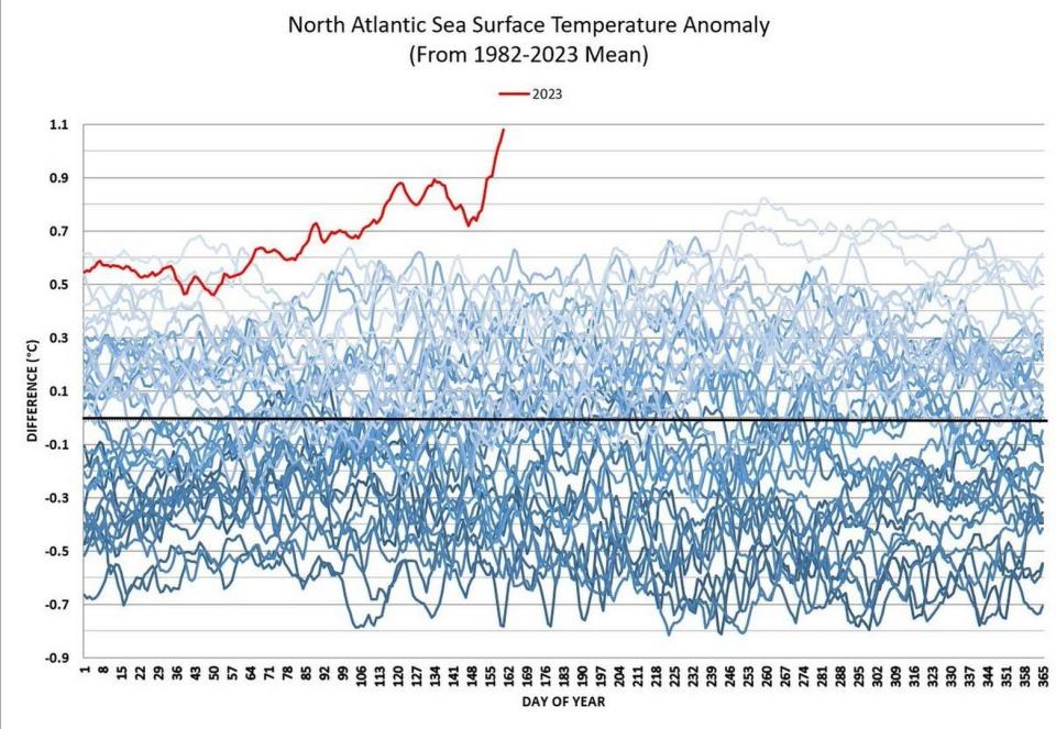 Gráfico con las anomalías de temperaturas del agua superficial del Océano Atlántico Norte este verano de 2023 | ESA