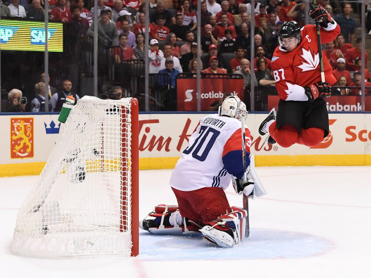 TORONTO, ON - SEPTEMBER 17: Sidney Crosby #87 of Team Canada jumps in front of Michal Neuvirth #30 of Team Czech Republic during the World Cup of Hockey 2016 at Air Canada Centre on September 17, 2016 in Toronto, Ontario, Canada. (Photo by Minas Panagiotakis/World Cup of Hockey via Getty Images)